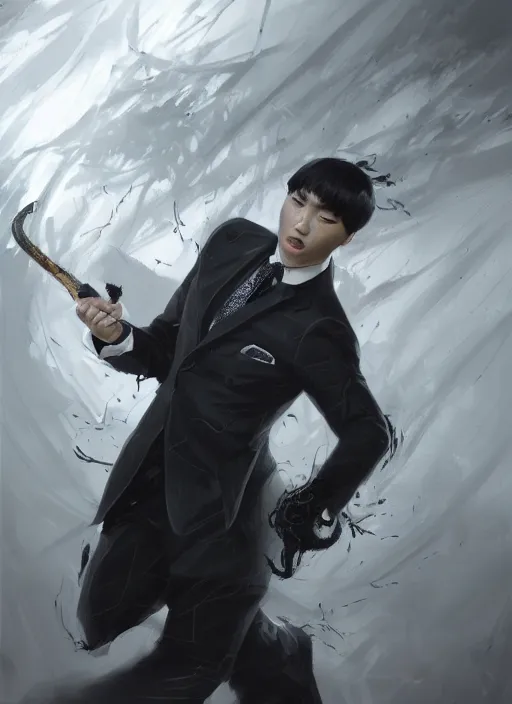 Prompt: a highly detailed illustration of fierce korean man with bowl cut black hair wearing suit and tie with giant black claws, wielding giant black fog claws pose, foggy lovecraftian black mist surrounding background, perfect face, intricate, elegant, highly detailed, centered, digital painting, artstation, concept art, smooth, sharp focus, league of legends concept art, wlop.