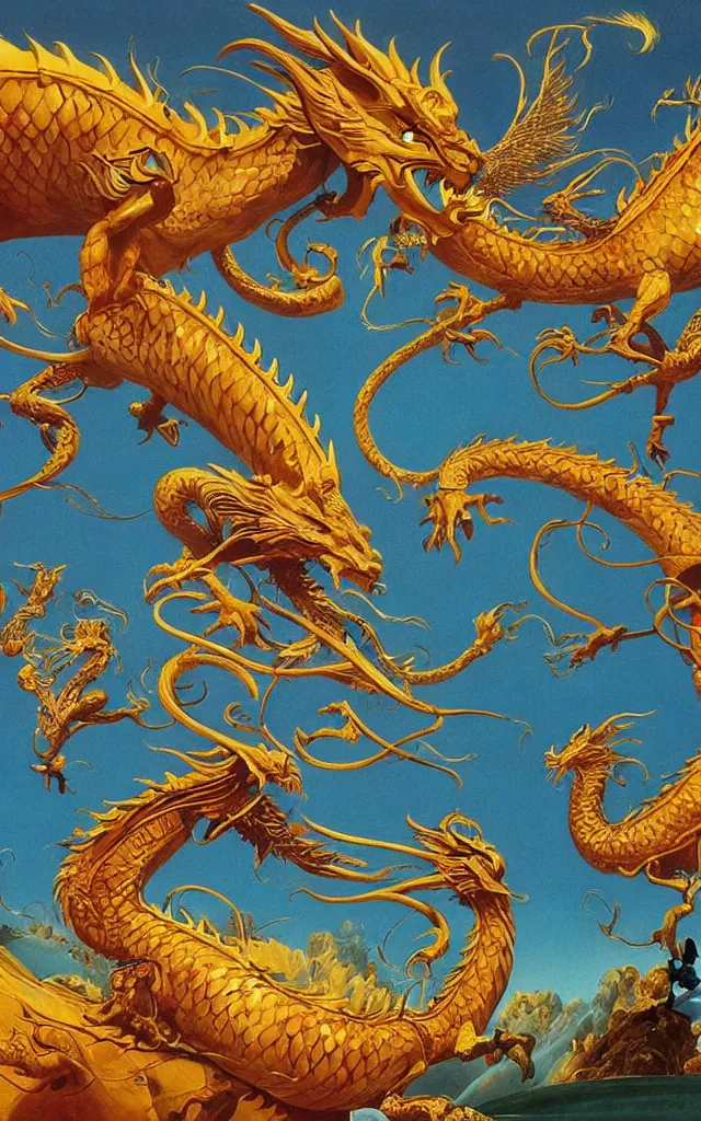 Image similar to golden dragon, epic, legendary, cinematic composition, stunning atmosphere by james jean by roger dean by lee madgewick