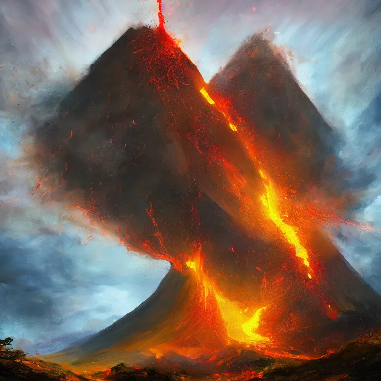 Image similar to a painting of a volcano from which come out flowers and stars exotic plants, all this happens in some kind of fantasy world, almost like in the sky or all in the amazing outdoors view, long exposure, 8 k resolution, trending on artstation