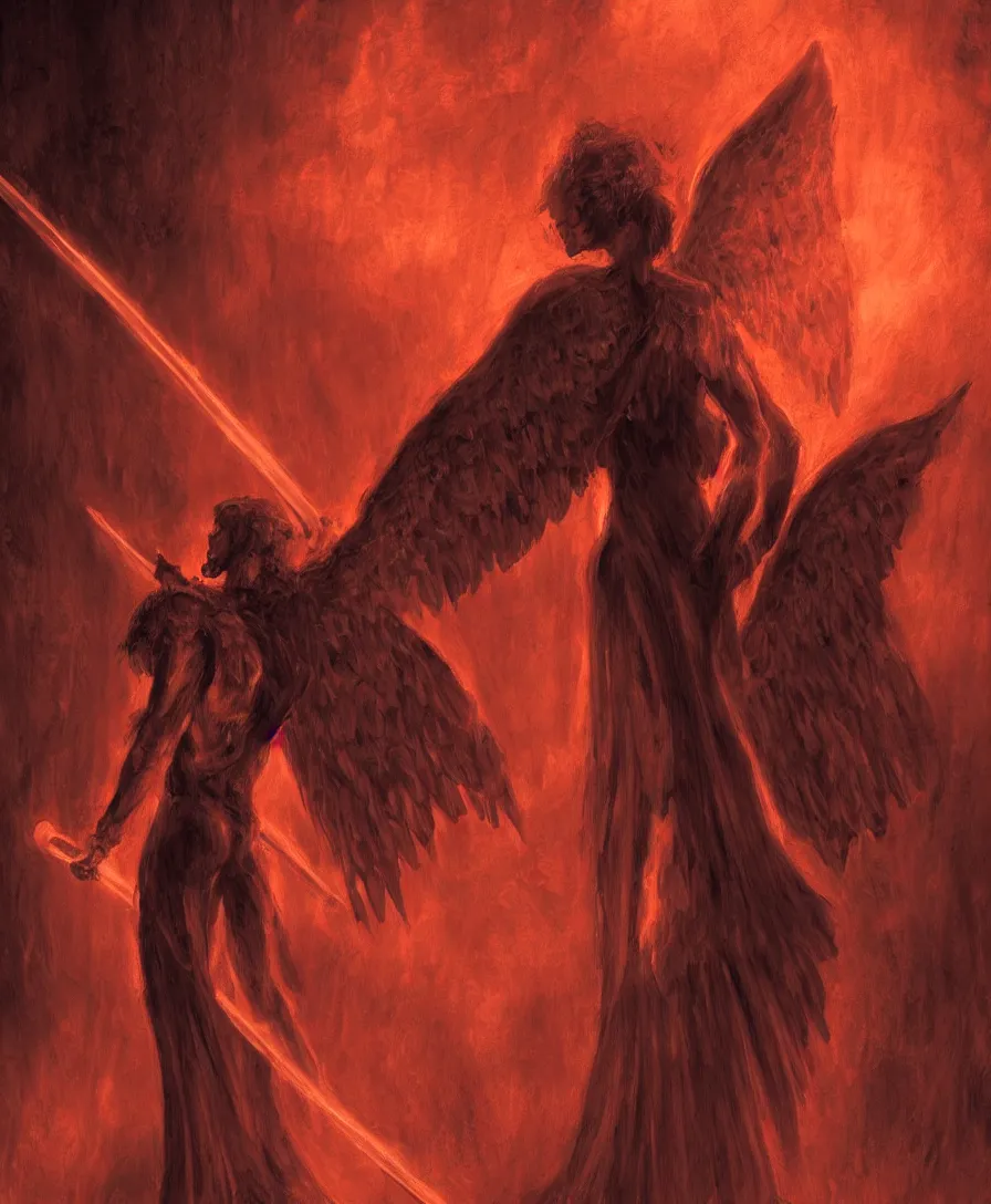 Image similar to a glowing angel carrying a sword in the dark hallways of hell, red tones, dark atmosphere, nightmare