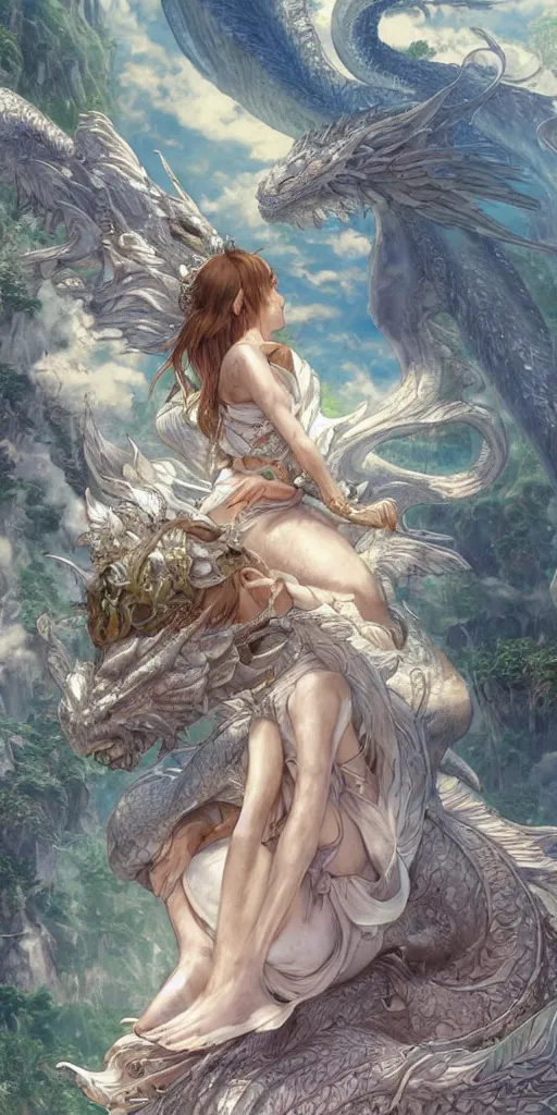 Image similar to the beautiful hyper detailed portrait render that a beautiful princess sitting on the back of a huge silver white dragon alone in fairyland surrounded by white clouds, finely detailed angelic face delicate features, style of studio ghibli, makoto shinkai, raphael lacoste, louis comfort tiffany, artgerm, james jean, ross tran, animation style, hd, ultra wide angle
