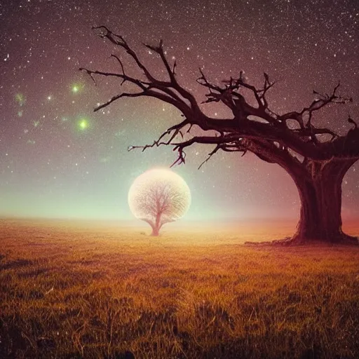 Prompt: beautiful ancient alien oak tree in a misty sky, supernova remnants of a spotless biosholden sky, trending on artstation a farm of disco balls, by beeple and james gurney