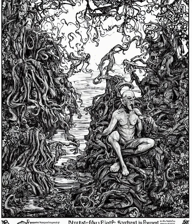 Image similar to illustration in the style of daniel danger of cthulhu sitting by a pond in the forest