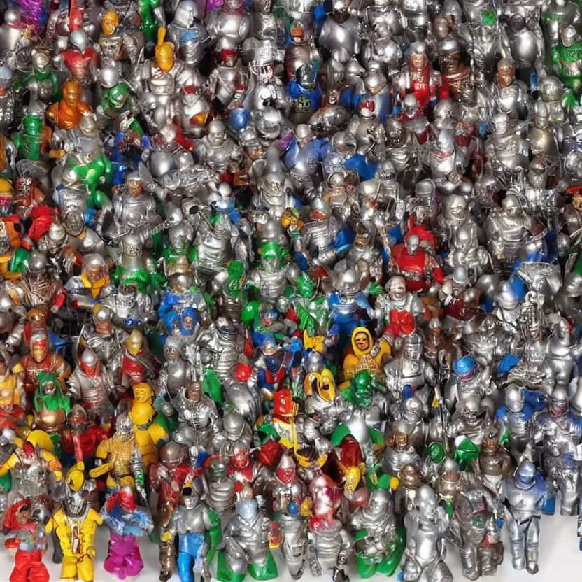 Image similar to a photograph of my collection of action figures of futuristic cyborg tin man from the wiz the movie, happy singing & dancing, 4 k, highly detailed, award winning, look at all that detail!