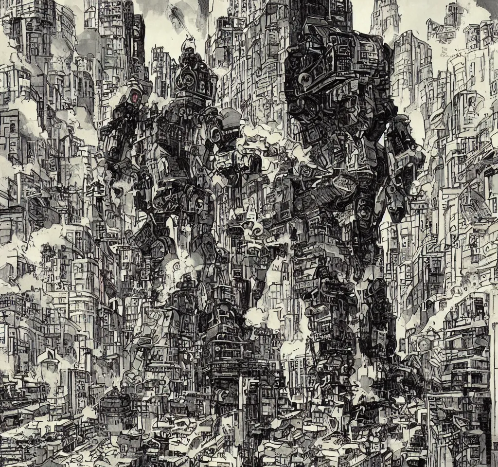 Prompt: Giant robot walking through a cityscape while eating a donut, one of the buildings is on fire and smoking by richard corben style