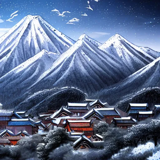 Image similar to photo realistic landscape of a Japanese village in the mountains, snow peaks. Dragon flying by