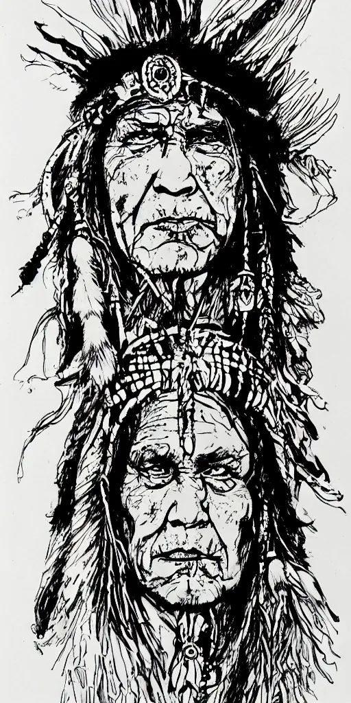 Prompt: a loose wild messy ink sketch portrait of a Native American shaman in the style of ralph steadman, caricature, dramatic