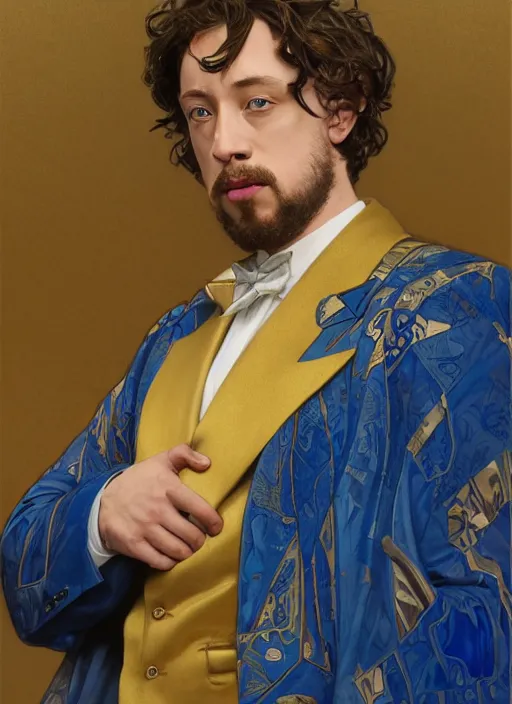 Prompt: Sam Hyde in a Celestial royal blue suit, luxurious theme, starring in Thor Ragnarok film, gold suit, sigma male, accurately portrayed, portrait art by alphonse mucha and greg rutkowski, highly detailed, digital painting, concept art, illustration, dim lighting with twilight rays of sunlight, trending on artstation, very detailed, smooth, sharp focus, octane render, close up