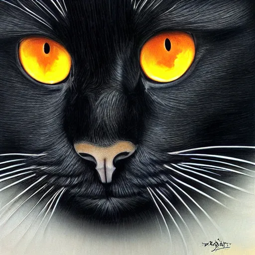 Image similar to an Hyper realistic artwork of a black orange-eyed cat by Jason de Graaf