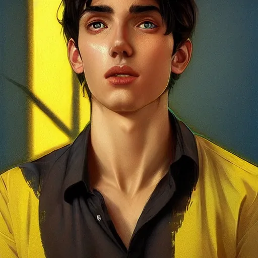 Image similar to ultra realistic illustration, a young man with black hair, in a checkered yellow shirt, with blue eyes, highly detailed, digital painting, artstation, concept art, smooth, sharp focus, illustration, art by artgerm and greg rutkowski and alphonse mucha