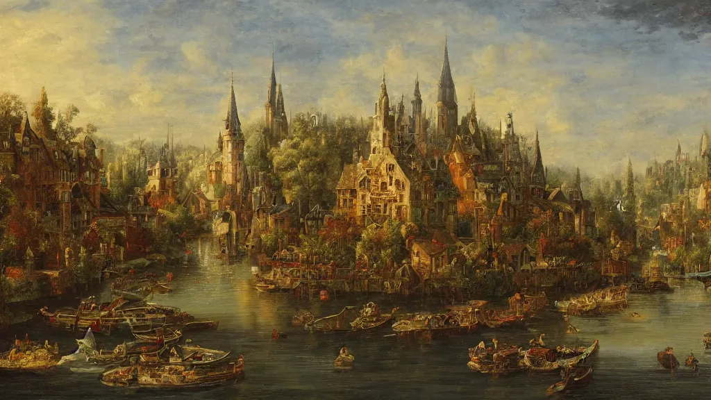 Image similar to an old enchanted fantasy town, viewed from the harbor, by jean - baptist monge,