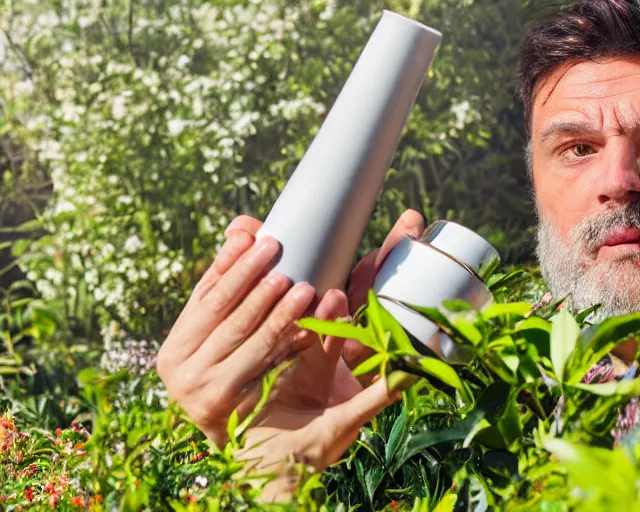 Image similar to mr robert is drinking fresh tea, smoke pot and meditate in a garden from spiral mug, detailed glad face, power belly, golden hour closeup photo, red elegant shirt, eyes wide open, ymmm and that smell