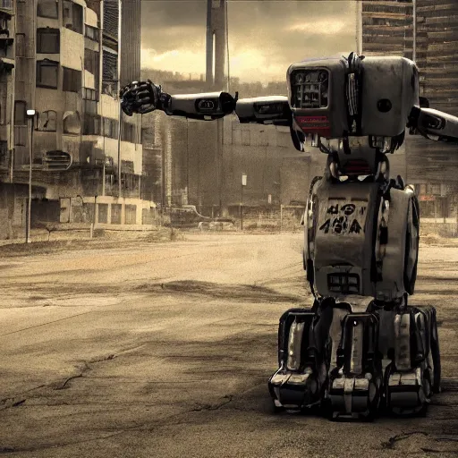 Prompt: A rundown large Dog robot, uncaring, bleak tone, post apocalyptic, Nuttavut Baiphowongse, Mark Armstron, amad, rendered by octane, 8k, ultra 8k, hyper realistic, photorealistic, photo