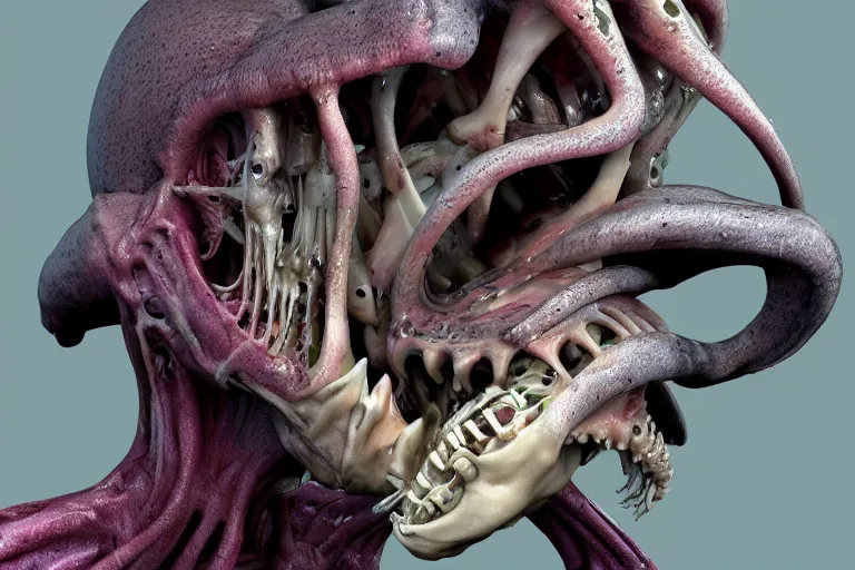 Image similar to a squid monster eating a person, john carpenter body horror, eighties practical horror special effects, cosmic horror, body horror, protruding bones, trending on zbrush central, neoplasticism, lovecraftian, zbrush, biomorphic, midjourney, nightcafe