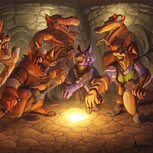 Prompt: D&D, a group of kobolds digging in a tunnel by torchlight, artwork by Artgerm, Don Bluth