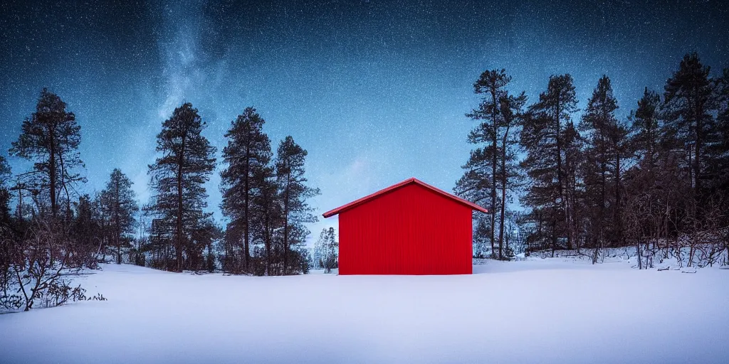 Image similar to stunning photo of landscape with an red cabin on a mountain by mikko lagerstedt