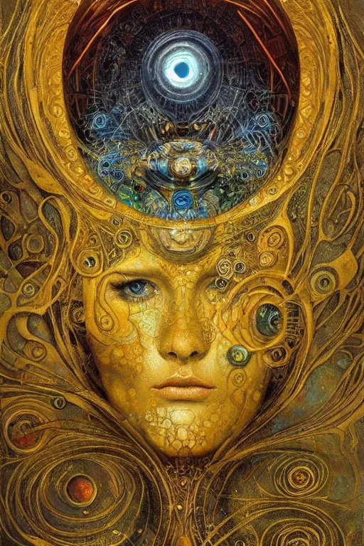 Image similar to Machinery of Fate by Karol Bak, Jean Deville, Gustav Klimt, and Vincent Van Gogh, otherworldly, fractal structures, arcane, prophecy, ornate gilded medieval icon, third eye, spirals