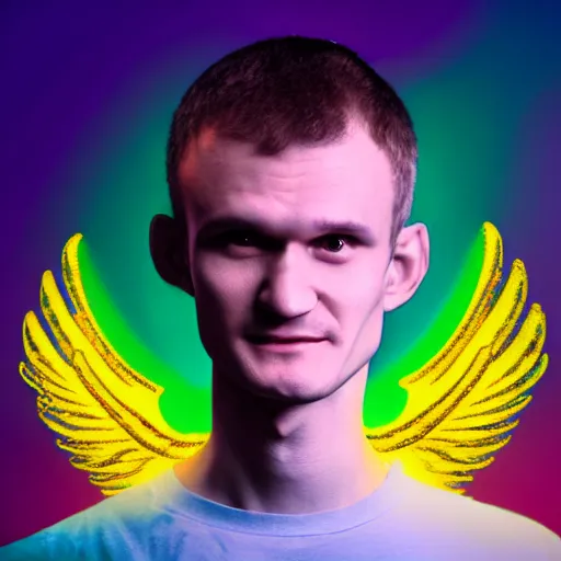 Prompt: vitalik buterin displayed as jesus, halo above his head and angel wings. neon glow around him. colors blue and yellow