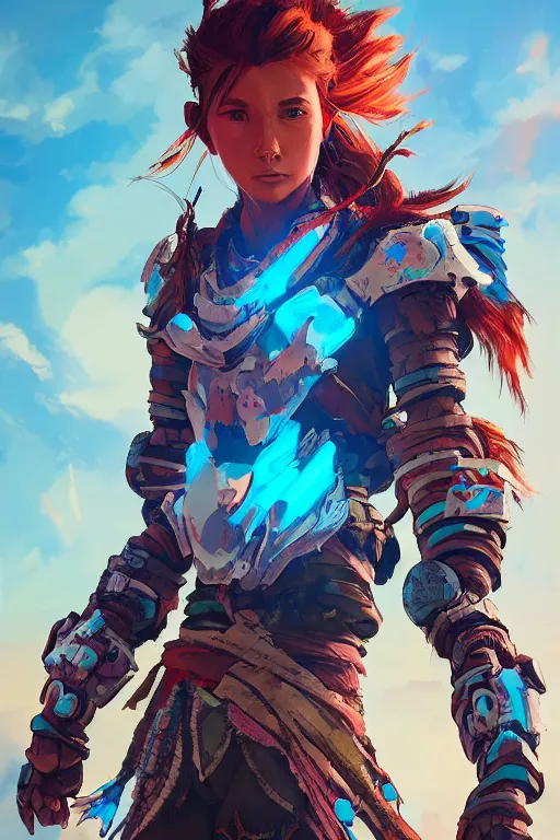 Image similar to combination suit armor aloy horizon forbidden west horizon zero dawn radiating a glowing aura global illumination ray tracing hdr fanart arstation by ian pesty and alena aenami artworks in 4 k tribal robot ninja mask helmet backpack