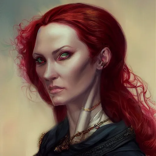 Prompt: a detailed matte head - on portrait painting of an middle - aged tiefling noblewoman with golden eyes and short long flowing red hair, by charlie bowater, lise deharme, wlop, tending on arstation, dungeons and dragon, dnd, pathfinder, fanart, oil on canvas