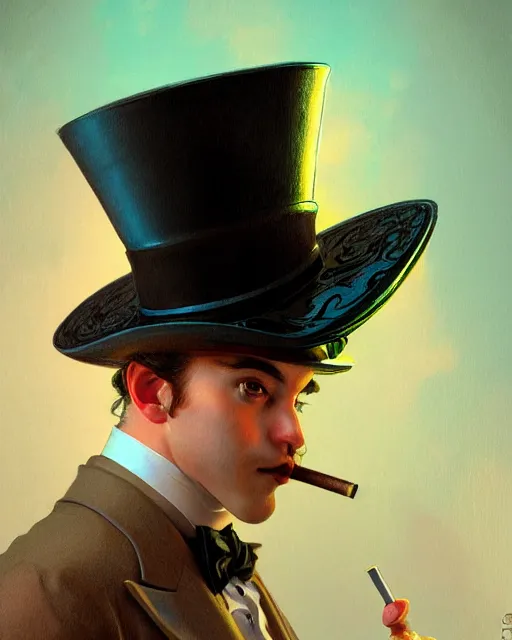 Prompt: close portrait of a toad with a top hat, smoking weed, vaporwave, bedroom, highly detailed, digital painting, artstation, concept art, smooth, sharp focus, illustration, art by artgerm and greg rutkowski and alphonse mucha