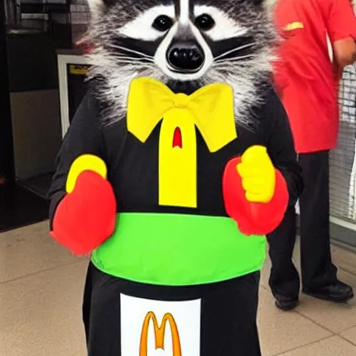 Prompt: raccoon dressed as a McDonald’s employee