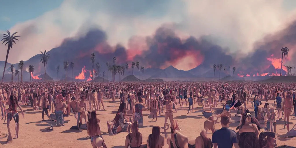 Prompt: realistic cinematic views of a orwellian coachella with wildfires in the background and dead seagulls falling from the sky in front of the main stage worshipping large egyptian styled statues of kim kardashian and kylie jenner, hyper detailed, terror glows, hyper realistic, digital painting, 8 k, 3 5 mm film grain, octane render