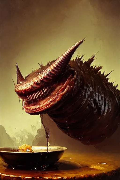 Image similar to greg rutkowski. giant wet drooling toothed worm over a bowl of food