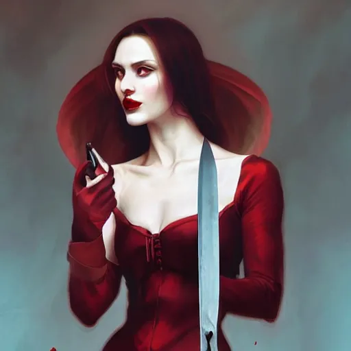 Image similar to “ daria strokous as femme fatale vampire, smiling, with blood red lips, holding knife on her victim ’ s throat intricate, elegant, highly detailed, digital painting, artstation, concept art, smooth, sharp focus uhd 8 k, art by artgerm and greg rutkowski and alphonse mucha ”