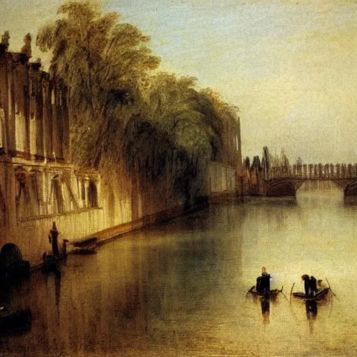 Prompt: punting boats along the river camb in cambridge, painting by william turner, beautiful, vibrant, colorful, 1 8 2 3, british museum