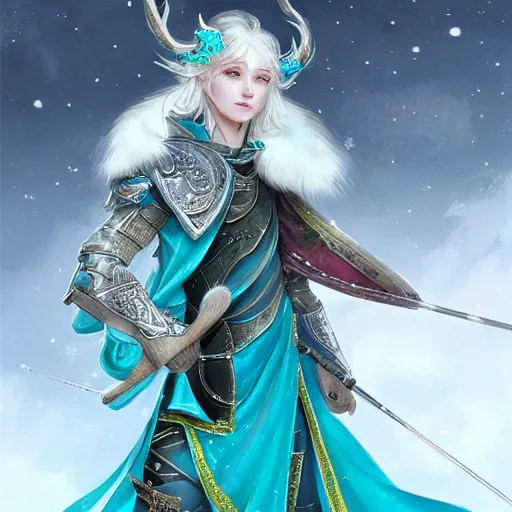 Prompt: half length portrait of a handsome male snow elf in a turquoise cape and silver ornate armour as an archer, archer portrait, magical tundra background, albino skin, by wenjun lin, krenz cushart, trending on artstation, award - winning