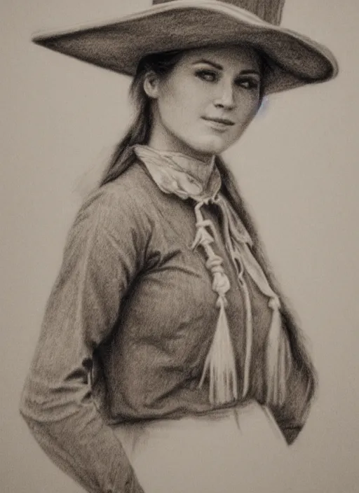 Image similar to 1 8 0 0 s style full body detailed pencil drawing of a cowgirl beautiful face, realistic