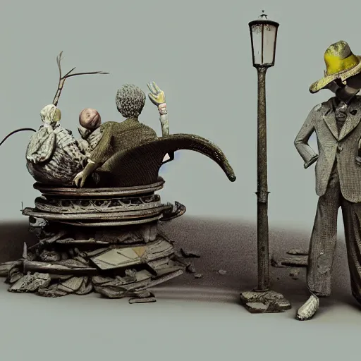 Image similar to full moon, figurines, travel, tilt shift, style of 3 d daz, occlusion, white clay, style of dave mckean, style of shuzo oshimi, style of will eisner, full of color, on white, smooth, thin sharp lines, detailed, octane render