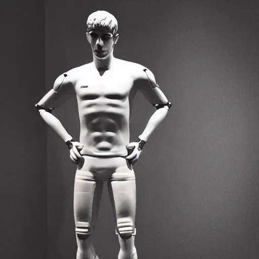 Image similar to “ a realistic detailed photo of a guy who is an attractive humanoid who is half robot and half humanoid, who is a male android, soccer player antoine griezmann, shiny skin, posing like a statue, blank stare, at the museum, on display ”