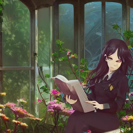 Image similar to advanced digital art. an abandoned train station overgrown with vines and flowers. A beautiful girl is sitting on a bench reading. Digital Anime painting. Sakimichan, WLOP, RossDraws, pixivs, Makoto Shinkai. —H 2160