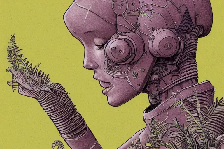 Image similar to gigantic robot - girl head floating in the space, a lot of exotic plants, trees, flowers, oldschool vintage sci - fi flat surreal grainy design, super - detailed, drawing by moebius, hd, 4 k, high quality