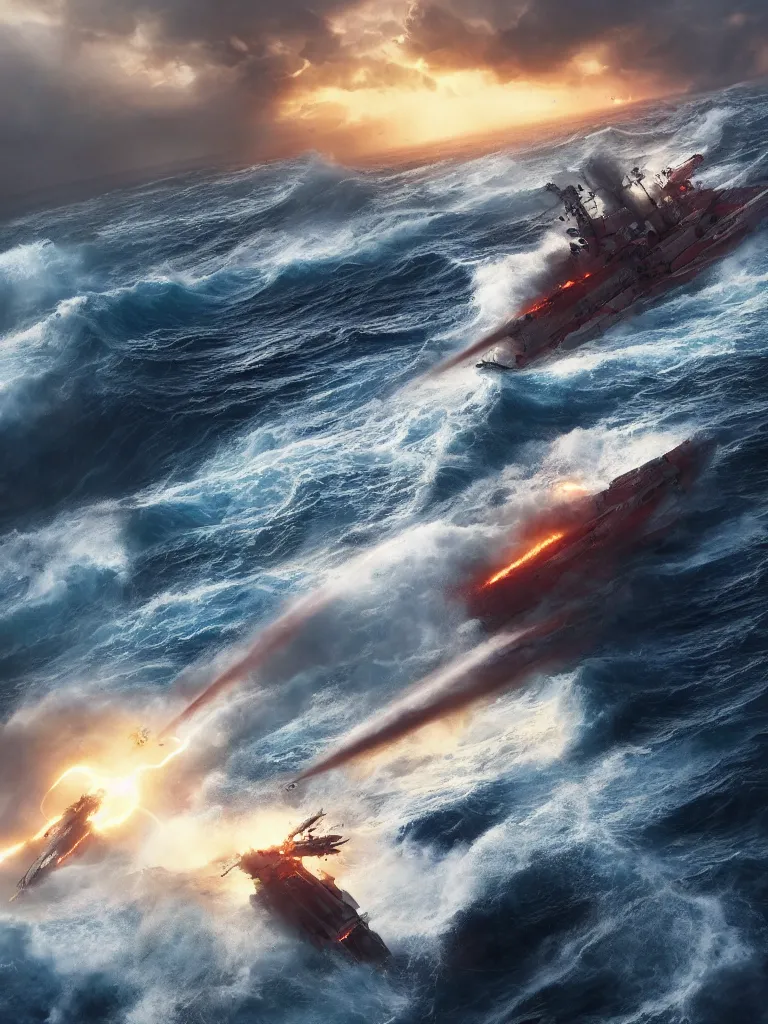 Image similar to breaking apart crashing damaged and on fire mecha battleship sailing alone on a stormy sea at sunset,large waves, explosions, battletech, octane render , aerial photo, cinematic