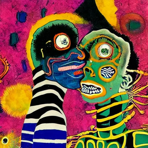 Image similar to beautiful painting of two bizarre psychedelic women kissing each other closeup on an alien planet, speculative evolution, mixed media collage by basquiat and junji ito, magazine collage art, paper collage art, sapphic art, lesbian art