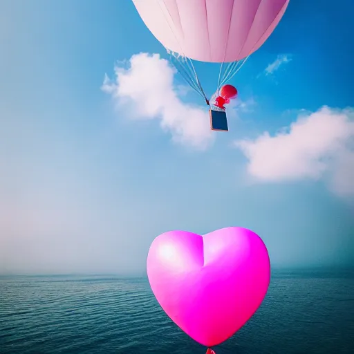 Image similar to a 5 0 mm lens photograph of a cute pink floating modern house, floating in the air between clouds, inspired by the movie up, held up from above by a heart - shaped ballon. mist, playful composition canon, nikon, award winning, photo of the year