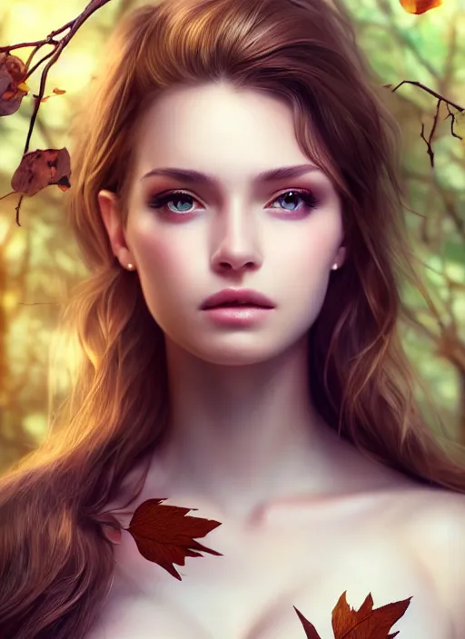 Image similar to a beautiful female photo, professionally retouched, soft lighting, standing in a forest with chest covered with leaves, realistic, smooth face, perfect eyes, wide angle, sharp focus on eyes, 8 k high definition, insanely detailed, intricate, elegant, art by artgerm and wlop