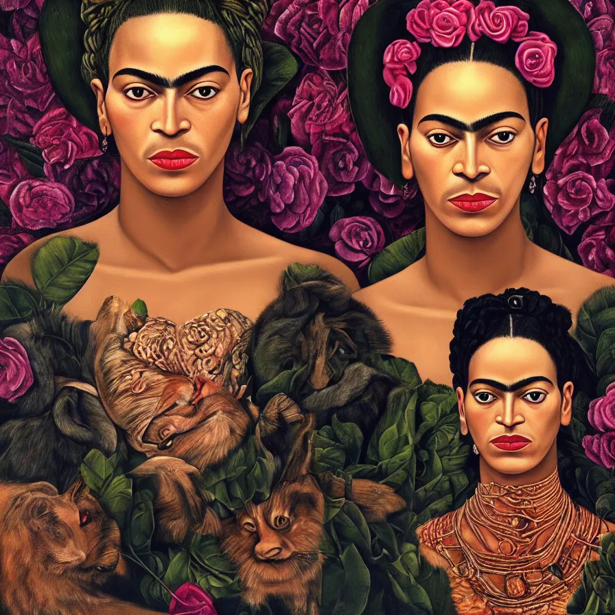 Prompt: surreal portrait of Beyoncé by Frida Kahlo, Rosa Rolanda, María Izquierdo, detailed, high quality, high resolution, surreal artistic wallpaper, HD 4K