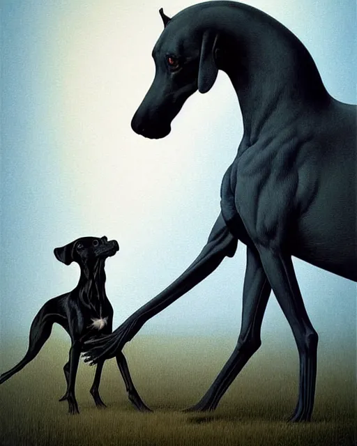 Prompt: painting of hybrid between black weimaraner & horse! & intercrossed animal, by zdzislaw beksinski, by mattias adolfsson, by tiffany bozic, cold hue's, warm tone gradient background, concept art, single object scene, beautiful composition, digital painting