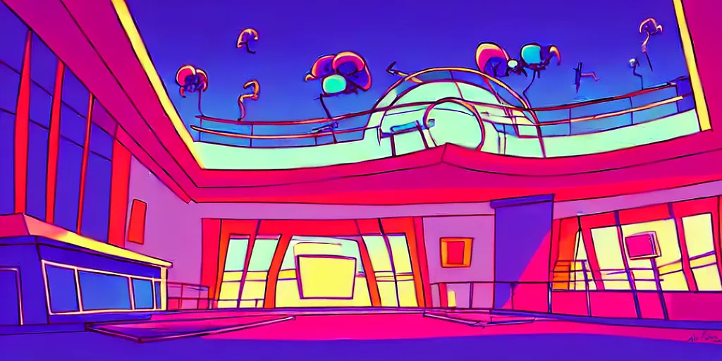 Image similar to minimalistic extreme wide angle curved perspective digital art of sss chubby cotton candy indoor top floor of a casino with a balcony to the ground floor by anton fadeev from nightmare before christmas