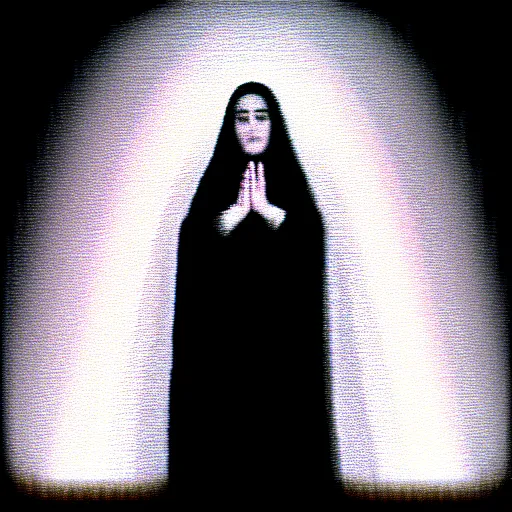 Image similar to vhs static overlay of marian apparition, vhs, 1 9 9 0, highly realistic, highly detailed, vhs noise static, black and white, vhs glitch