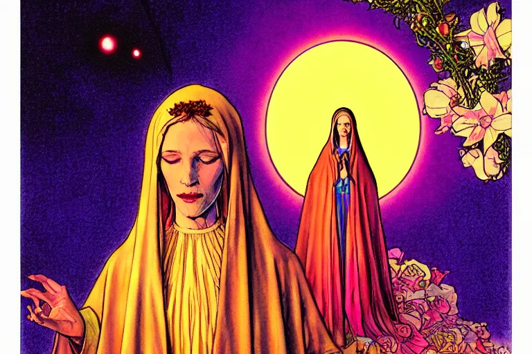 Image similar to a hyperrealist watercolour character concept art portrait of the blessed mother mary at night in las vegas, nevada. there is a ufo. neon roses. psychedelic elements. by rebecca guay, michael kaluta, charles vess and jean moebius giraud