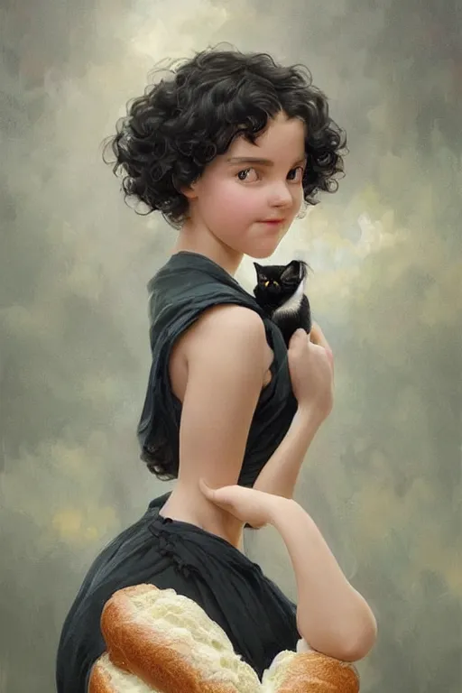 Image similar to beautiful cottagecore of a girl with short black curly hair, round face, cute face, holding a loaf of bread. There's also a black cat on her shoulder. intricate, elegant. highly detailed, digital painting, artstation, concept art, smooth, sharp, focus, illustration. . art by artgerm and greg rutkowski and alphonse mucha