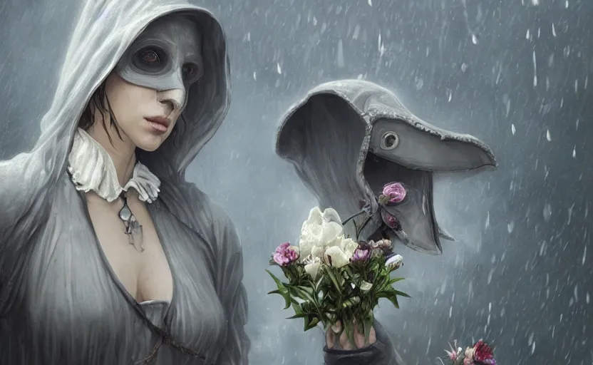 Image similar to female plague doctor holding flowers, heavy rain, wind, thunder, reflections, deep focus, d & d, fantasy, intricate, elegant, highly detailed, digital painting, artstation, concept art, matte, sharp focus, illustration, hearthstone, art by artgerm and greg rutkowski and alphonse mucha