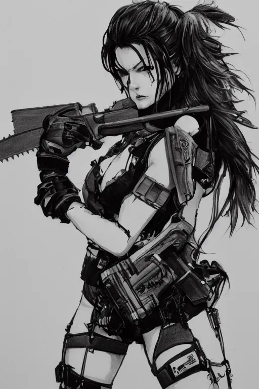 Image similar to a beautiful drawing of an attractive woman wielding a chainsaw, highly detailed, by yoji shinkawa, featured on artstation, body shot