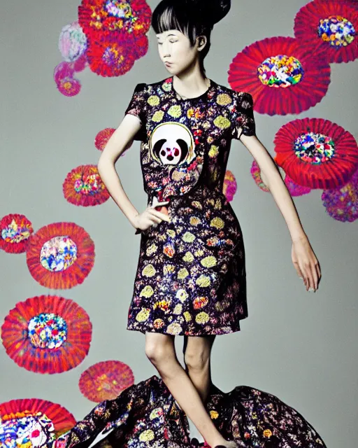 Image similar to A model wearing a dress by Takashi Murakami, fashion photography