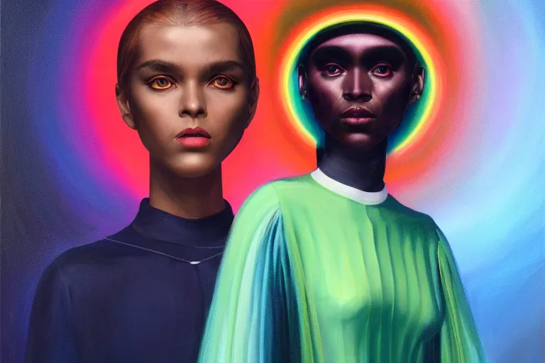 Image similar to patron saint of 🛸🌈👩🏾, futuristic clothing, neon god of city character portrait, in the style of margaret keane, moebius, tom bagshaw, and waterhouse, cinematic lighting, beautiful, elegant, oil painting,